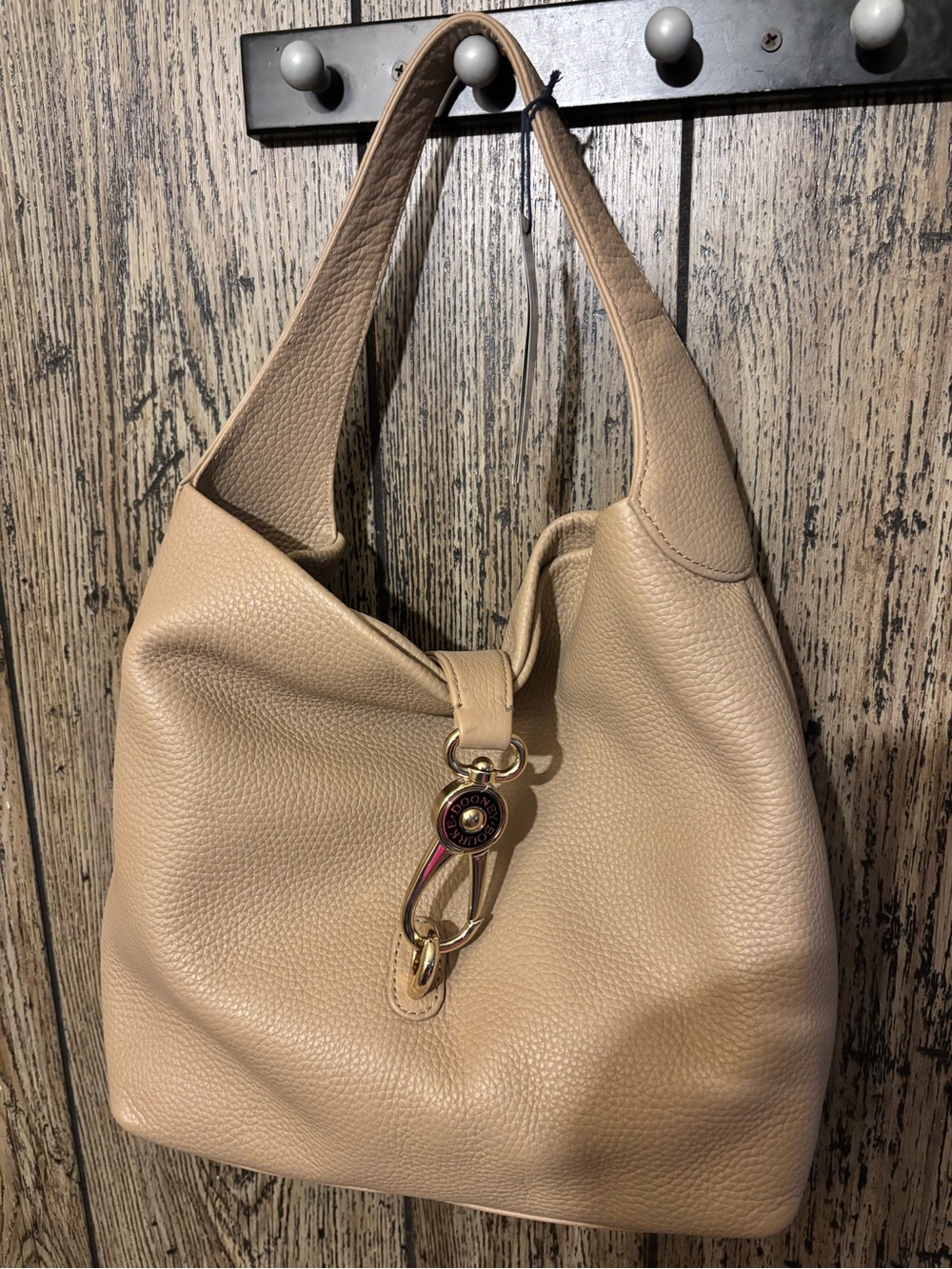 Dooney and Bourke Logo Lock Purse Beige Leather Hobo Bag with Gold Accent Nwt